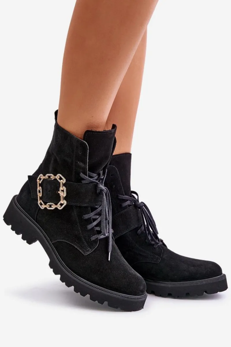 Brązowe I Beżowe Botki|Botki Płaskie>Zazoo 2951 Zamszowe Botki Z Ozdobną Klamrą Czarne