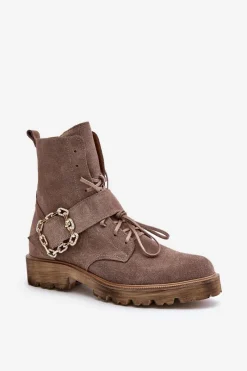 Best Zazoo 2951 Zamszowe Botki Z Ozdobną Klamrą Ciemnobeżowe Beżowy