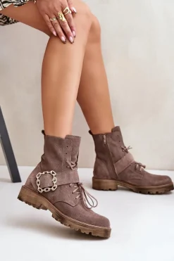 Best Zazoo 2951 Zamszowe Botki Z Ozdobną Klamrą Ciemnobeżowe Beżowy