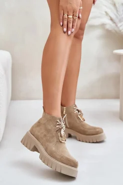 Botki Sznurowane|Brązowe I Beżowe Botki>Zazoo 2952 Zamszowe Botki Ze Złotą Ozdobą Beżowe Beżowy