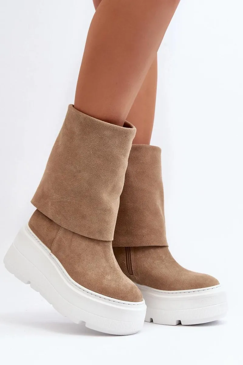 Botki Maciejka|Botki Skórzane>Zazoo 3410 Zamszowe Damskie Botki Na Masywnej Platformie Beżowe Beżowy