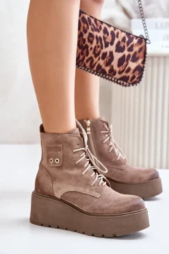 Sale 60499 Zamszowe Damskie Botki Na Platformie I Koturnie Ocieplane Beżowe Damskie Botki Ocieplane|Botki Skórzane