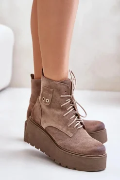 Sale 60499 Zamszowe Damskie Botki Na Platformie I Koturnie Ocieplane Beżowe Damskie Botki Ocieplane|Botki Skórzane