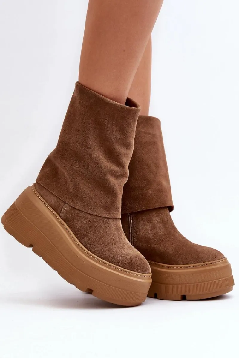 Sale 3410 Zamszowe Damskie Botki Na Masywnej Platformie Camel Damskie Botki Maciejka|Czarne Botki