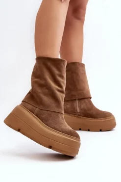 Sale 3410 Zamszowe Damskie Botki Na Masywnej Platformie Camel Damskie Botki Maciejka|Czarne Botki