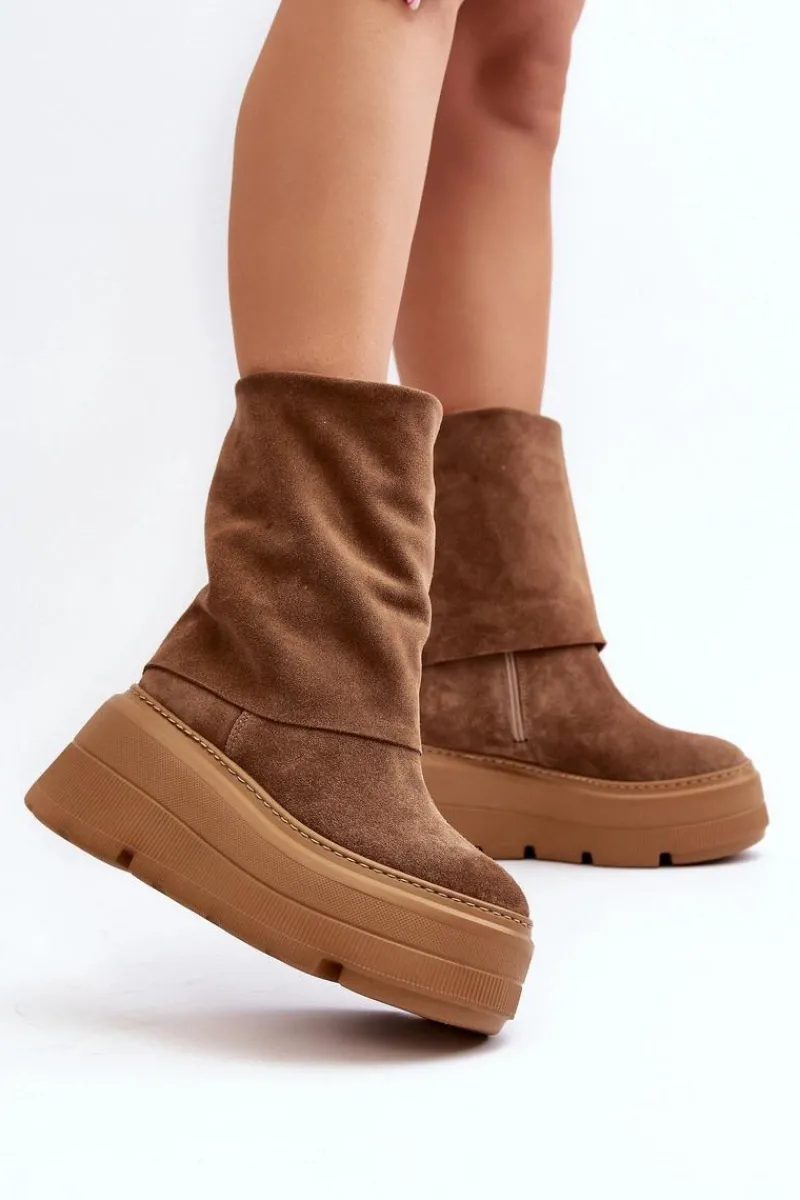 Sale 3410 Zamszowe Damskie Botki Na Masywnej Platformie Camel Damskie Botki Maciejka|Czarne Botki