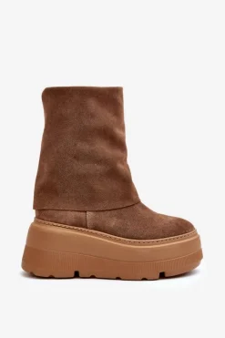 Sale 3410 Zamszowe Damskie Botki Na Masywnej Platformie Camel Damskie Botki Maciejka|Czarne Botki