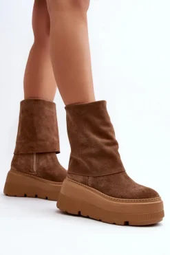 Sale 3410 Zamszowe Damskie Botki Na Masywnej Platformie Camel Damskie Botki Maciejka|Czarne Botki