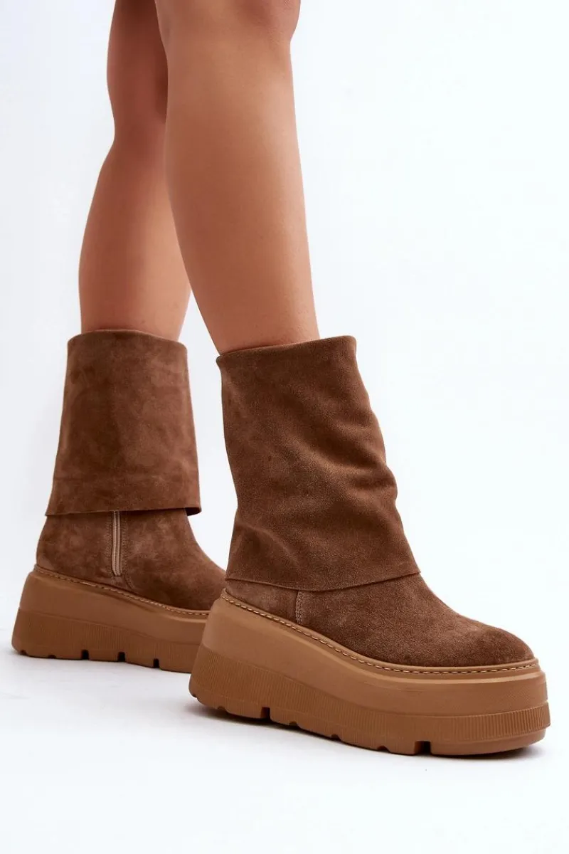 Sale 3410 Zamszowe Damskie Botki Na Masywnej Platformie Camel Damskie Botki Maciejka|Czarne Botki