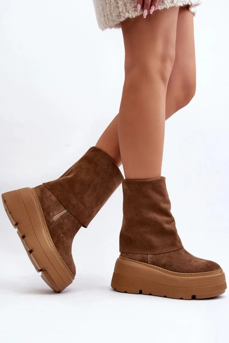 Sale 3410 Zamszowe Damskie Botki Na Masywnej Platformie Camel Damskie Botki Maciejka|Czarne Botki