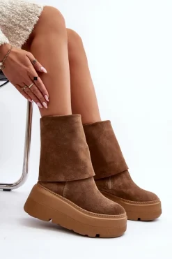 Sale 3410 Zamszowe Damskie Botki Na Masywnej Platformie Camel Damskie Botki Maciejka|Czarne Botki