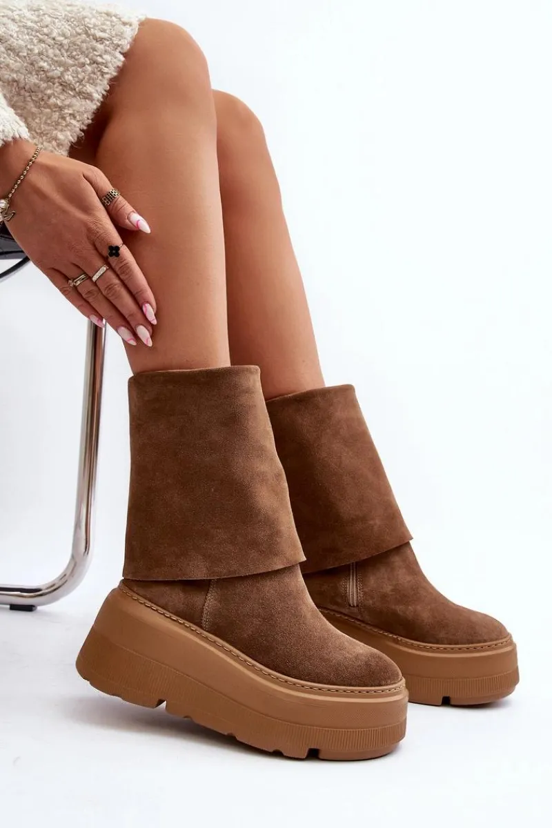 Sale 3410 Zamszowe Damskie Botki Na Masywnej Platformie Camel Damskie Botki Maciejka|Czarne Botki