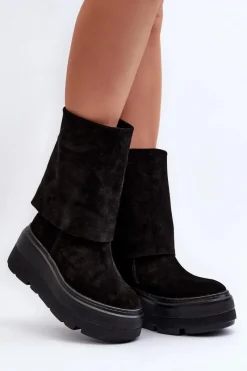 Hot 3410 Zamszowe Damskie Botki Na Masywnej Platformie Czarne Damskie Botki Maciejka|Botki Skórzane