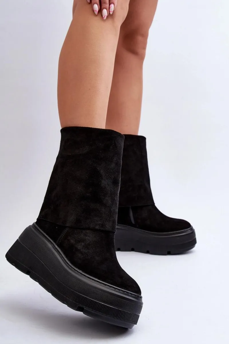 Hot 3410 Zamszowe Damskie Botki Na Masywnej Platformie Czarne Damskie Botki Maciejka|Botki Skórzane