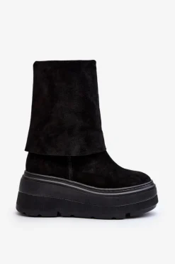 Hot 3410 Zamszowe Damskie Botki Na Masywnej Platformie Czarne Damskie Botki Maciejka|Botki Skórzane