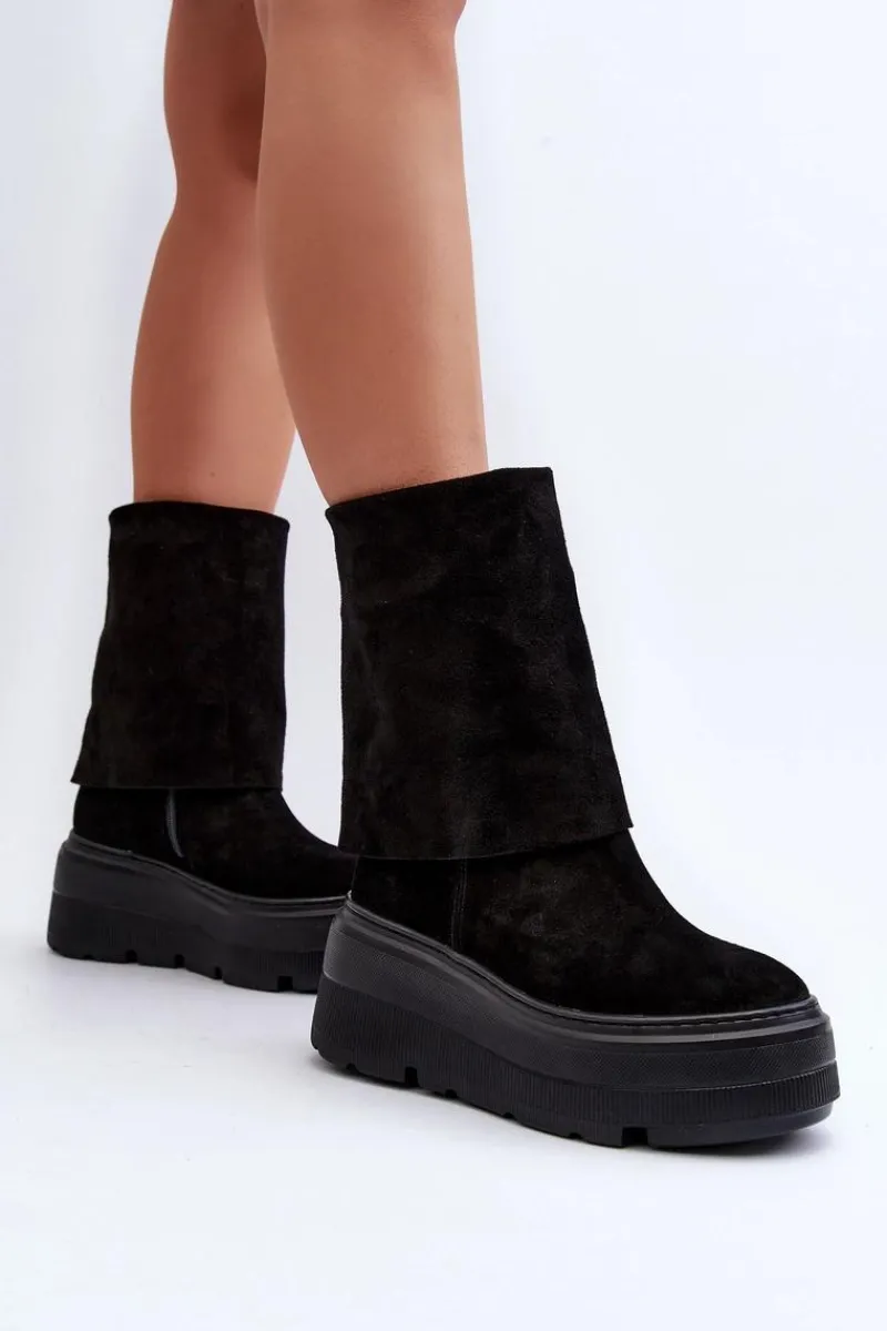 Hot 3410 Zamszowe Damskie Botki Na Masywnej Platformie Czarne Damskie Botki Maciejka|Botki Skórzane