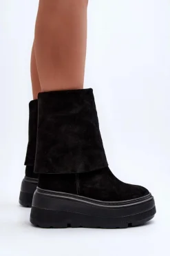 Hot 3410 Zamszowe Damskie Botki Na Masywnej Platformie Czarne Damskie Botki Maciejka|Botki Skórzane