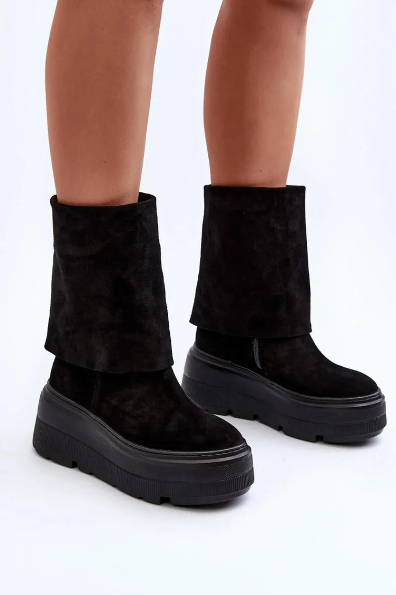Hot 3410 Zamszowe Damskie Botki Na Masywnej Platformie Czarne Damskie Botki Maciejka|Botki Skórzane