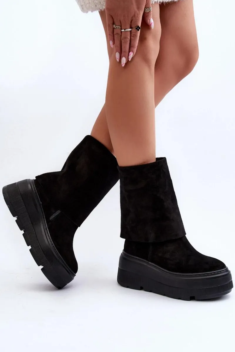 Hot 3410 Zamszowe Damskie Botki Na Masywnej Platformie Czarne Damskie Botki Maciejka|Botki Skórzane