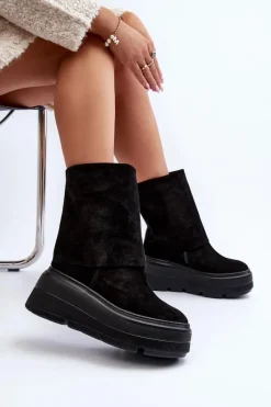 Hot 3410 Zamszowe Damskie Botki Na Masywnej Platformie Czarne Damskie Botki Maciejka|Botki Skórzane