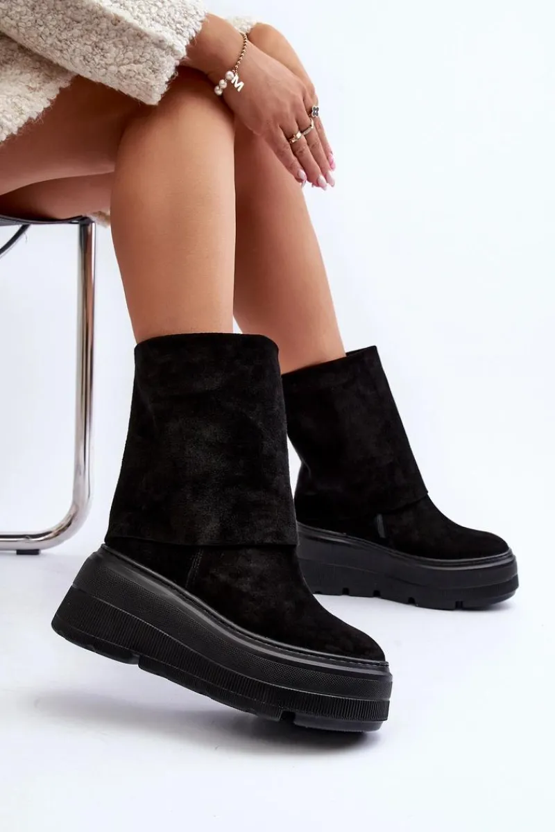 Hot 3410 Zamszowe Damskie Botki Na Masywnej Platformie Czarne Damskie Botki Maciejka|Botki Skórzane