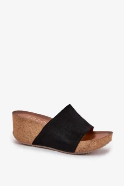 Best Zazoo 40311 Zamszowe Klapki Damskie Na Korkowym Koturnie Czarne