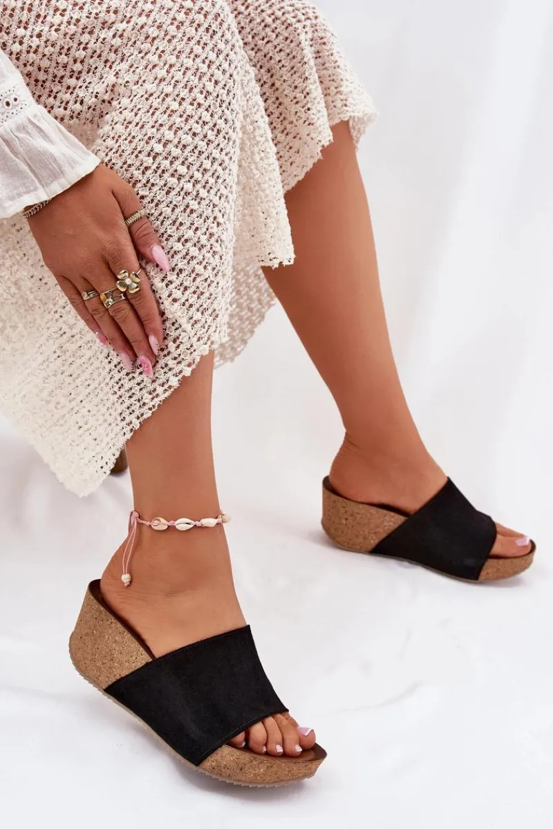 Best Zazoo 40311 Zamszowe Klapki Damskie Na Korkowym Koturnie Czarne