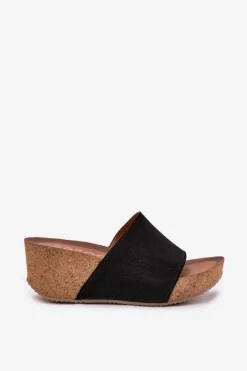 Best Zazoo 40311 Zamszowe Klapki Damskie Na Korkowym Koturnie Czarne