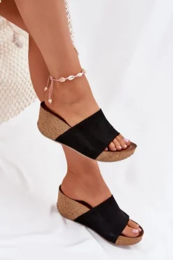 Best Zazoo 40311 Zamszowe Klapki Damskie Na Korkowym Koturnie Czarne