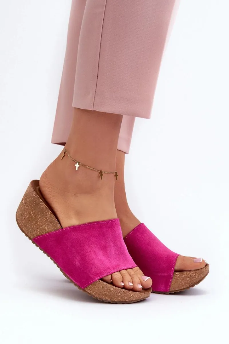 Klapki Na Koturnie|Klapki Korkowe>Zazoo 40311 Zamszowe Klapki Damskie Na Korkowym Koturnie Fuksja