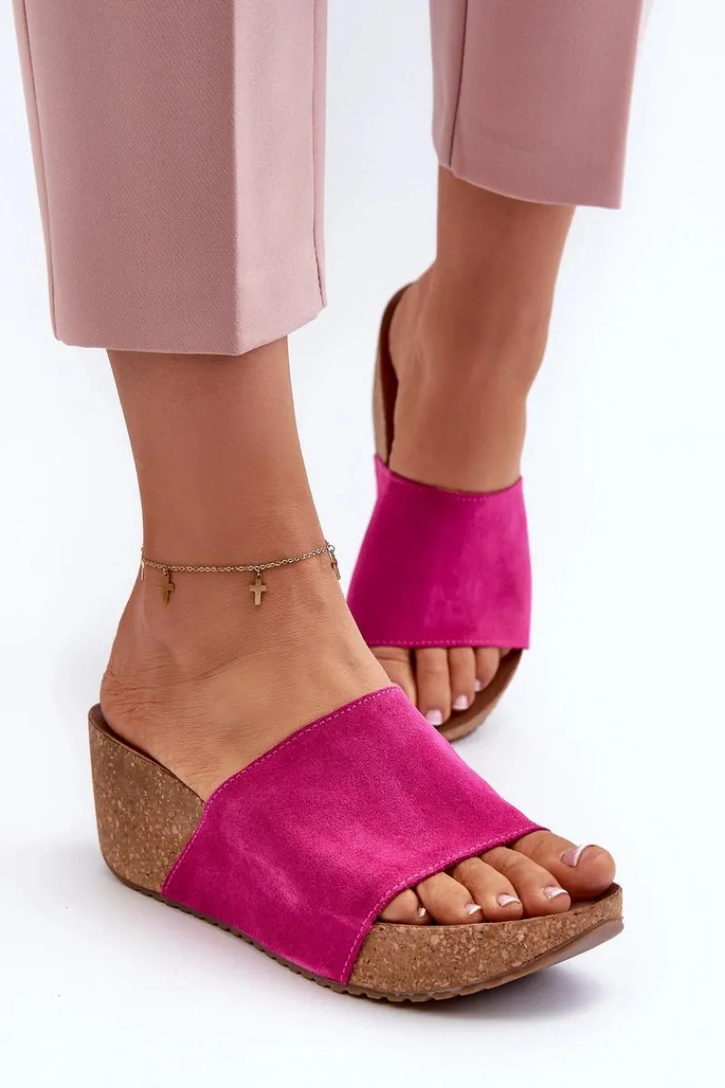 Klapki Na Koturnie|Klapki Korkowe>Zazoo 40311 Zamszowe Klapki Damskie Na Korkowym Koturnie Fuksja