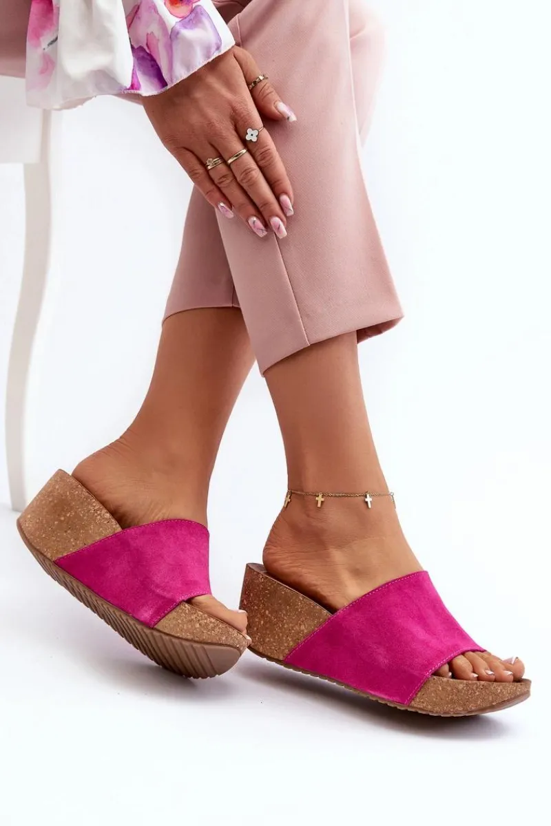 Klapki Na Koturnie|Klapki Korkowe>Zazoo 40311 Zamszowe Klapki Damskie Na Korkowym Koturnie Fuksja
