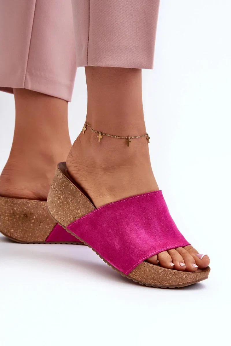 Klapki Na Koturnie|Klapki Korkowe>Zazoo 40311 Zamszowe Klapki Damskie Na Korkowym Koturnie Fuksja