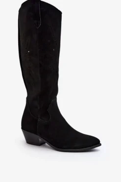 Kozaki Wiosenne|Kozaki Ażurowe>Zazoo 2909 Zamszowe Kozaki Ażurowe Na Niskim Obcasie Czarne Czarny