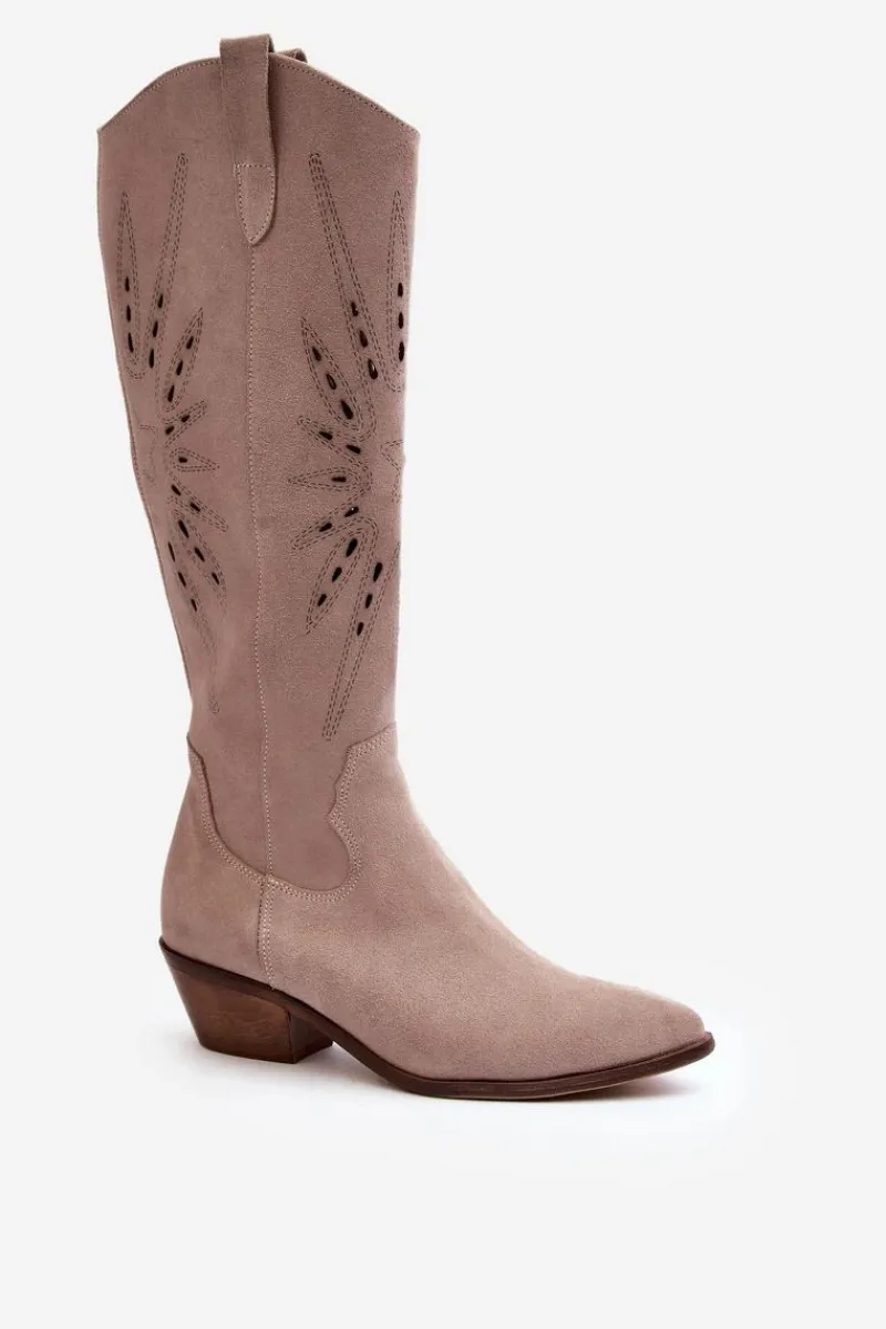 New Zazoo 2909 Zamszowe Kozaki Ażurowe Na Niskim Obcasie Beżowe Beżowy