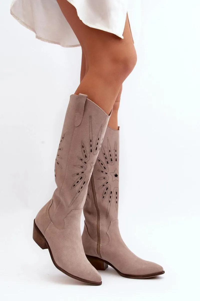 New Zazoo 2909 Zamszowe Kozaki Ażurowe Na Niskim Obcasie Beżowe Beżowy