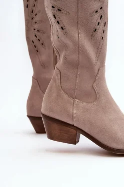 New Zazoo 2909 Zamszowe Kozaki Ażurowe Na Niskim Obcasie Beżowe Beżowy