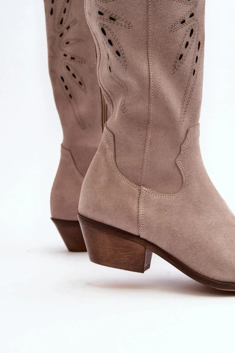 New Zazoo 2909 Zamszowe Kozaki Ażurowe Na Niskim Obcasie Beżowe Beżowy