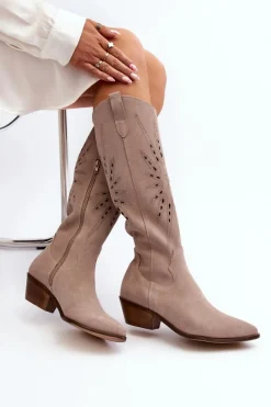 New Zazoo 2909 Zamszowe Kozaki Ażurowe Na Niskim Obcasie Beżowe Beżowy