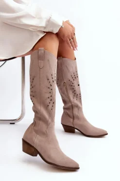 New Zazoo 2909 Zamszowe Kozaki Ażurowe Na Niskim Obcasie Beżowe Beżowy