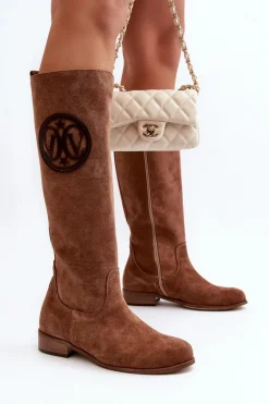 Kozaki Wiosenne|Kozaki Płaskie>Zazoo 3367 Zamszowe Kozaki Damskie Przed Kolano Brązowe