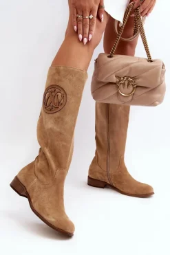 Kozaki Wiosenne|Kozaki Płaskie>Zazoo 3367 Zamszowe Kozaki Damskie Przed Kolano Beżowe