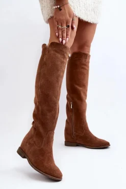 Discount Zazoo 3407 Zamszowe Kozaki Do Kolana Na Płaskim Obcasie Camel