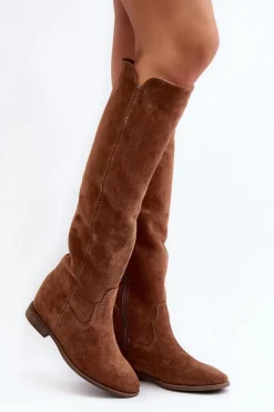 Discount Zazoo 3407 Zamszowe Kozaki Do Kolana Na Płaskim Obcasie Camel