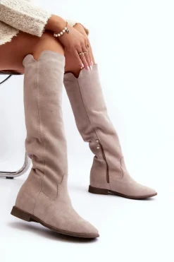 Sale 3407 Zamszowe Kozaki Do Kolana Na Płaskim Obcasie Cappuccino Damskie Kozaki Wiosenne|Kozaki Płaskie