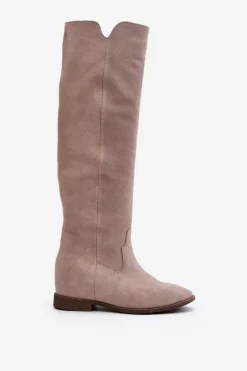 Sale 3407 Zamszowe Kozaki Do Kolana Na Płaskim Obcasie Cappuccino Damskie Kozaki Wiosenne|Kozaki Płaskie