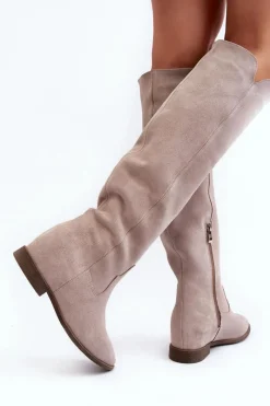 Sale 3407 Zamszowe Kozaki Do Kolana Na Płaskim Obcasie Cappuccino Damskie Kozaki Wiosenne|Kozaki Płaskie