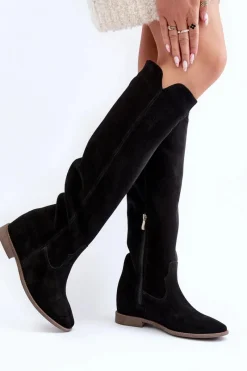 Zazoo 3407 Zamszowe Kozaki Do Kolana Na Płaskim Obcasie Czarne Czarny