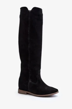 Zazoo 3407 Zamszowe Kozaki Do Kolana Na Płaskim Obcasie Czarne Czarny