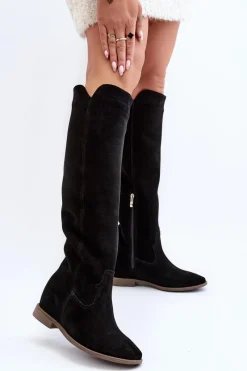Zazoo 3407 Zamszowe Kozaki Do Kolana Na Płaskim Obcasie Czarne Czarny